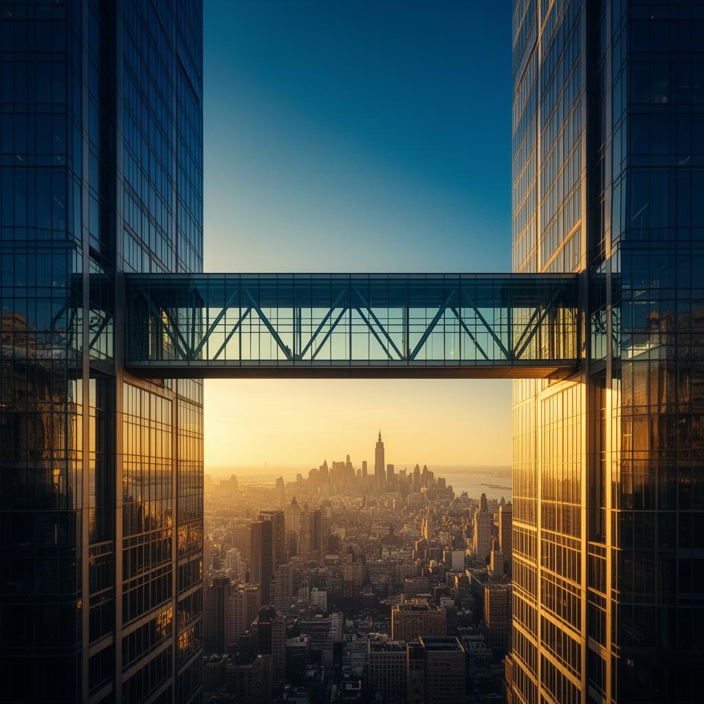 Two executives shaking hands in a high-rise boardroom overlooking a city skyline at dusk
