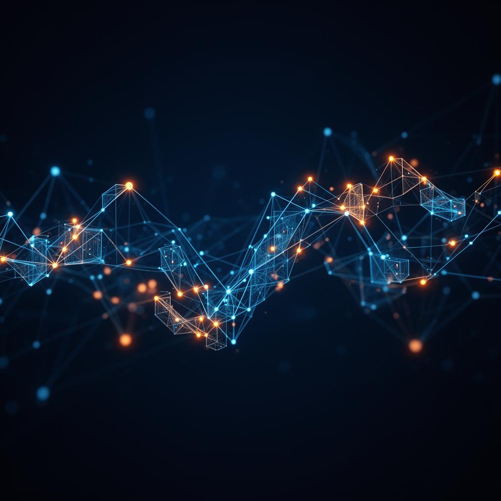 Interconnected network of glowing nodes forming a luminous system architecture