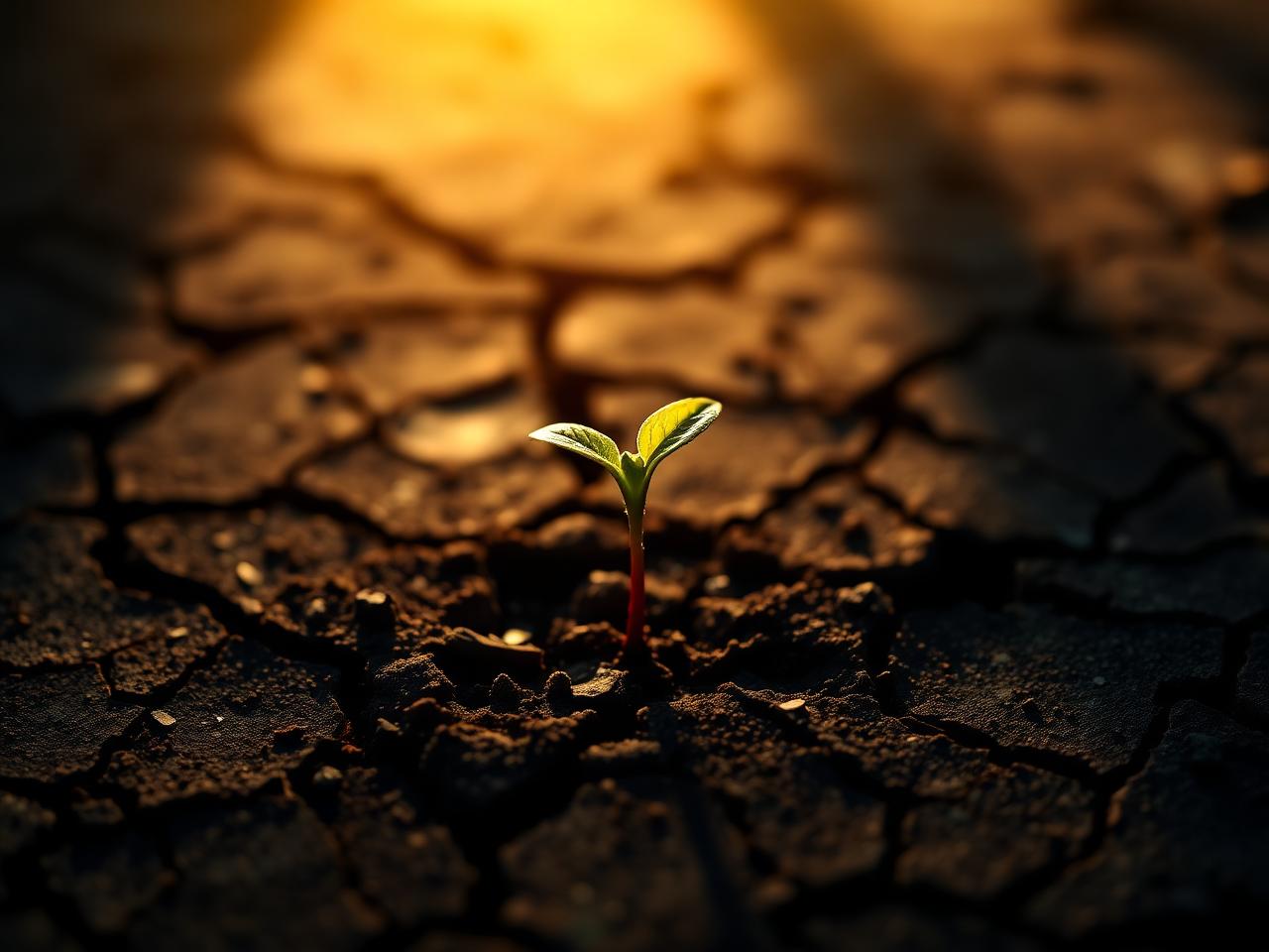 A single seedling emerging from cracked earth under warm light