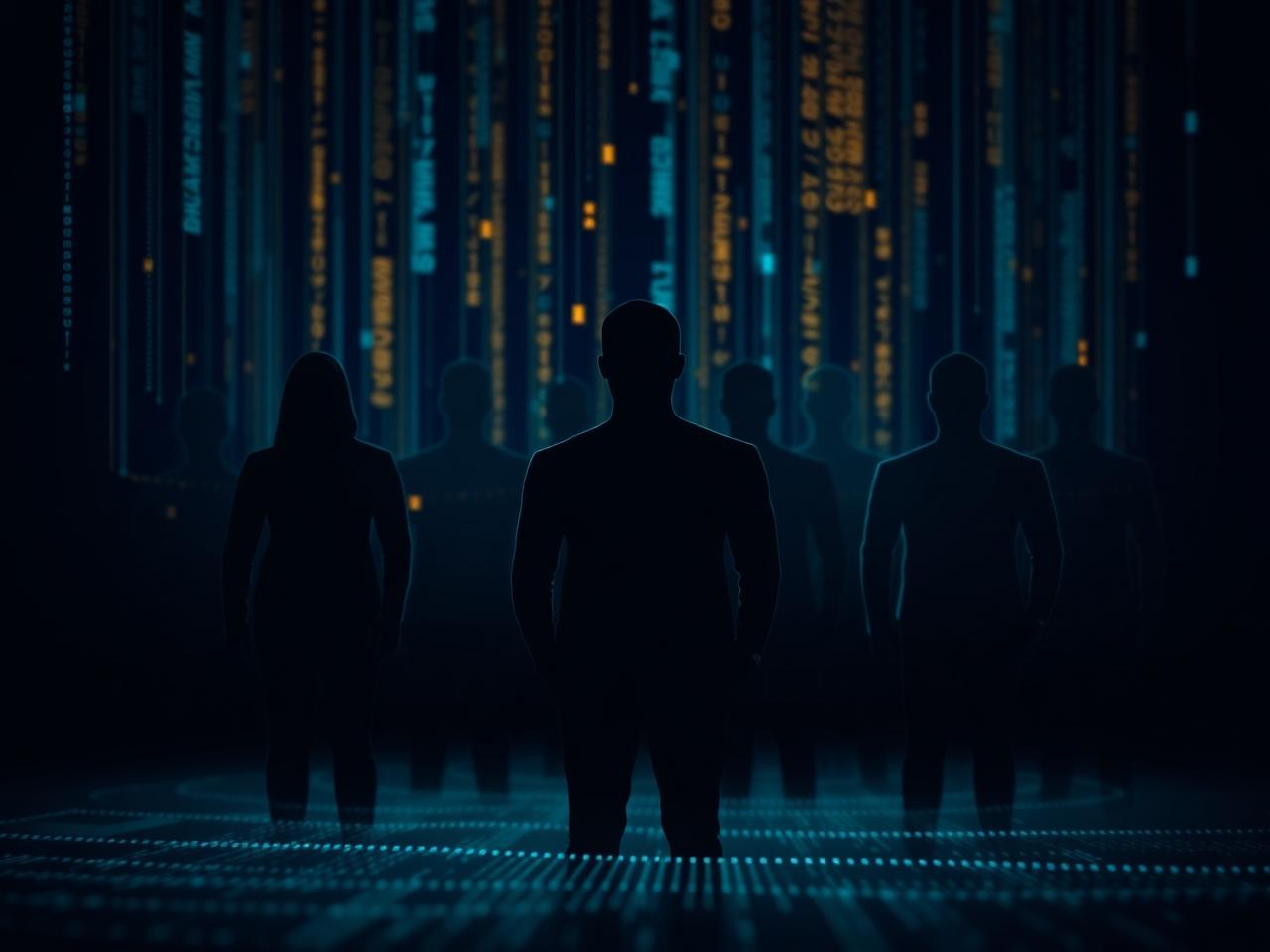 Anonymous silhouettes emerging from glowing data streams