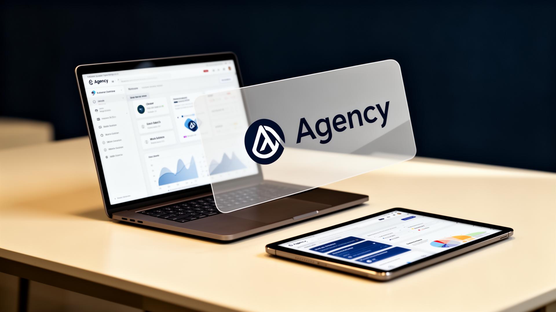 Laptop and tablet displaying a marketing dashboard with a translucent agency logo overlay being applied