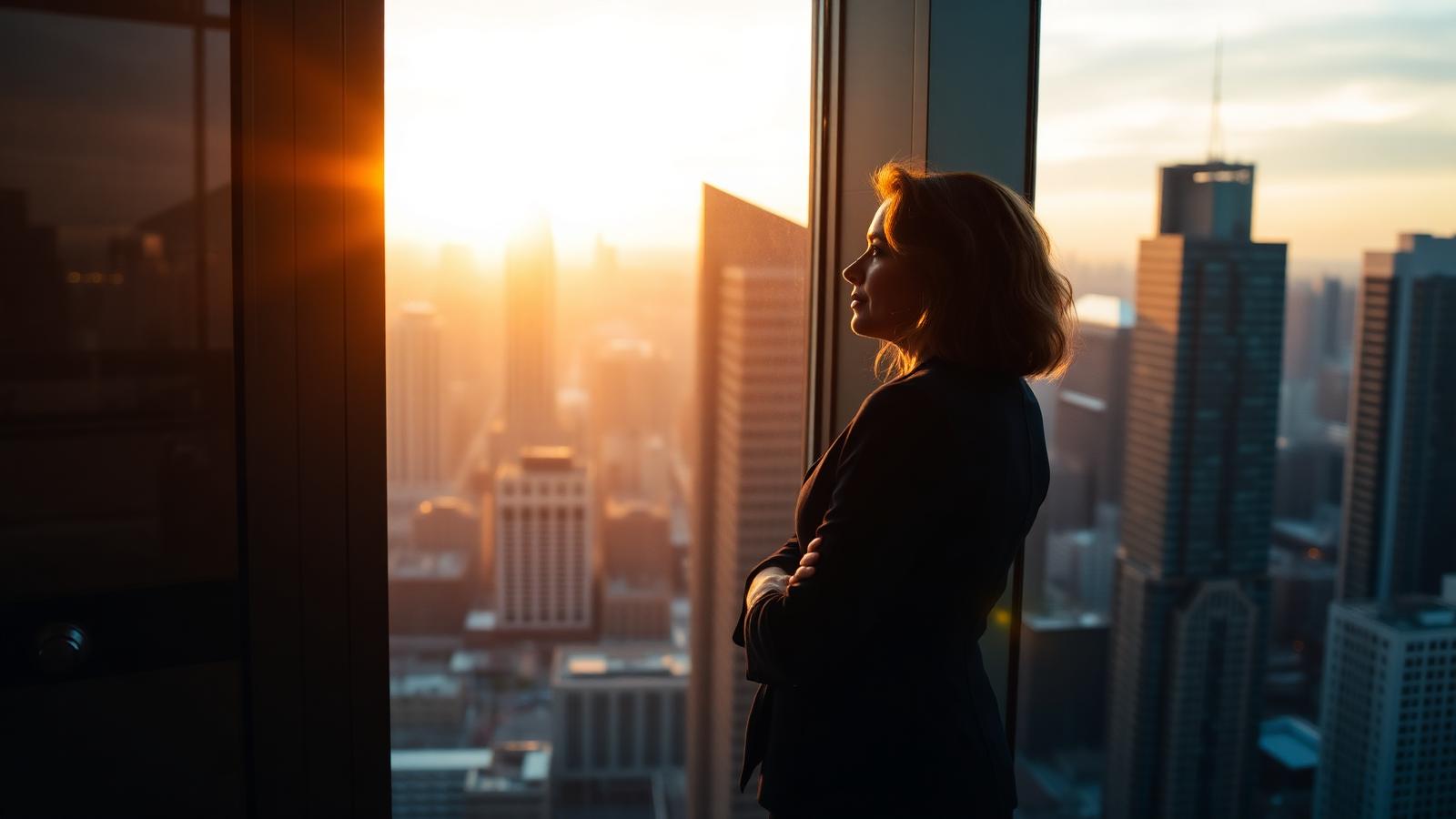 Executive looking out at a city skyline at sunrise