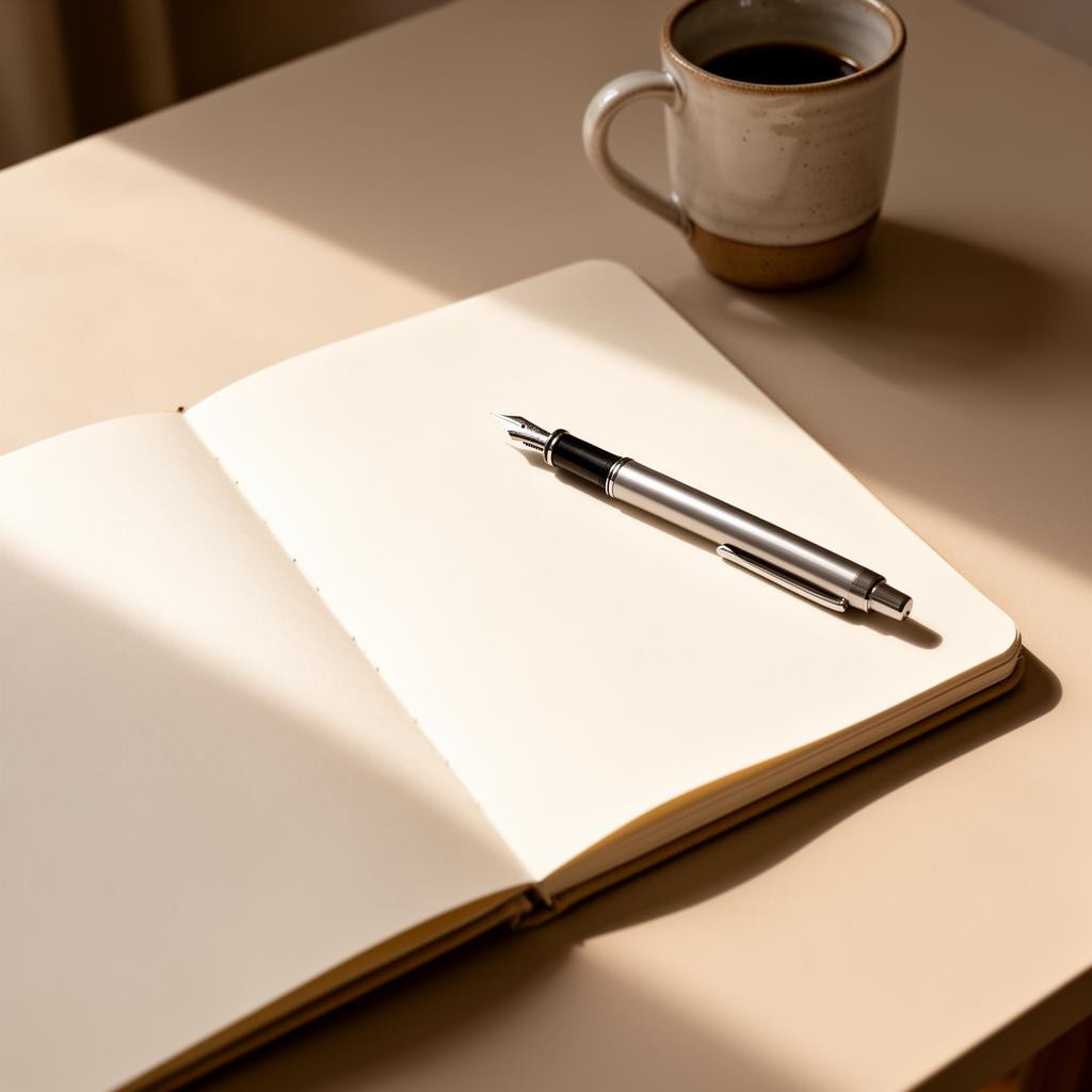 Open blank notebook with a fountain pen and coffee on a sunlit desk
