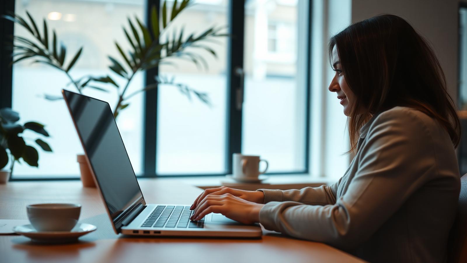 Person working at a laptop in a warm modern office