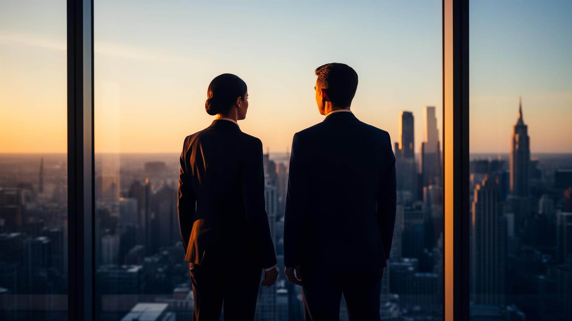 Two business partners side by side at a high-rise window overlooking a city skyline at golden hour