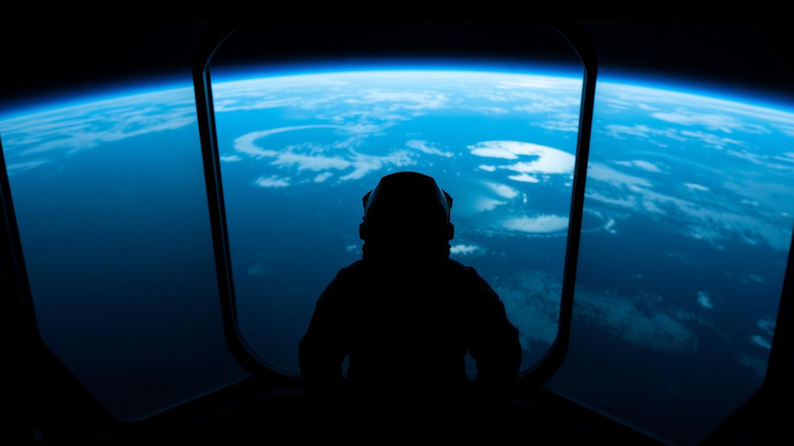 Astronaut gazing at Earth through a spacecraft window